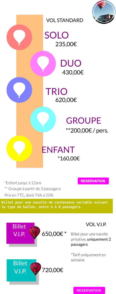 Billet pour une nacelle privative, uniquement 2 passagers   *Tarif uniquement en semaine VOL V.I.P. 650,00 € *  Billet V.I.P.    Billet V.I.P.    720,00 €  RESERVATION RESERVATION *Enfant jusqu’ à 12ans  ** Groupe à partir de 3 passagers  Prix en TTC, dont TVA à 10%  Billet pour une nacelle de contenance variable suivant le type de ballon, entre 4 à 8 passagers.    VOL STANDARD **200,00 € / pers. GROUPE    SOLO    235,00 € TRIO    620,00 € DUO    430,00 € ENFANT *160,00 € RESERVATION RESERVATION